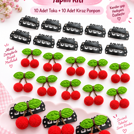 Saçsız Bebek Tokası Yapım Kiti 10 Adet Toka + 10 Adet Kiraz Ponpon DIY Bebek Saç Aksesuarı