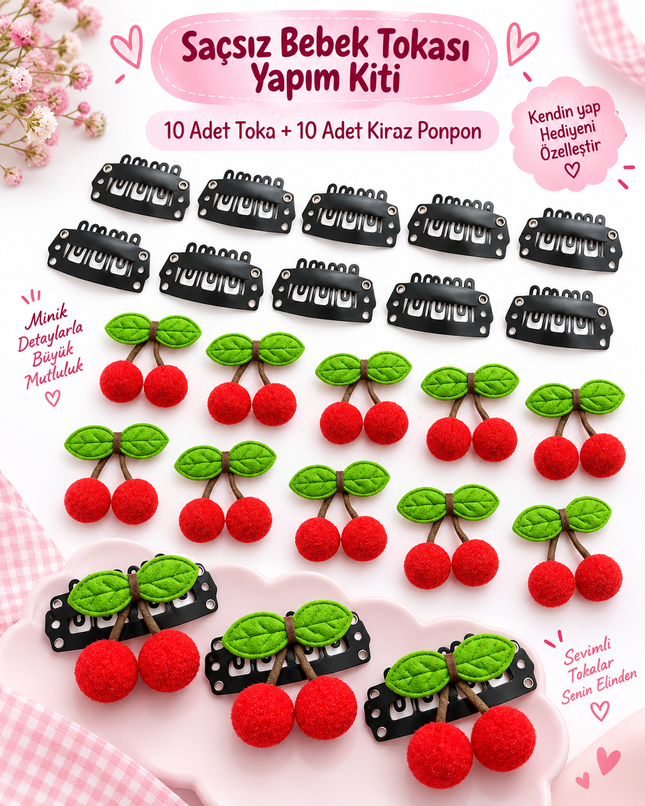Saçsız Bebek Tokası Yapım Kiti 10 Adet Toka + 10 Adet Kiraz Ponpon DIY Bebek Saç Aksesuarı