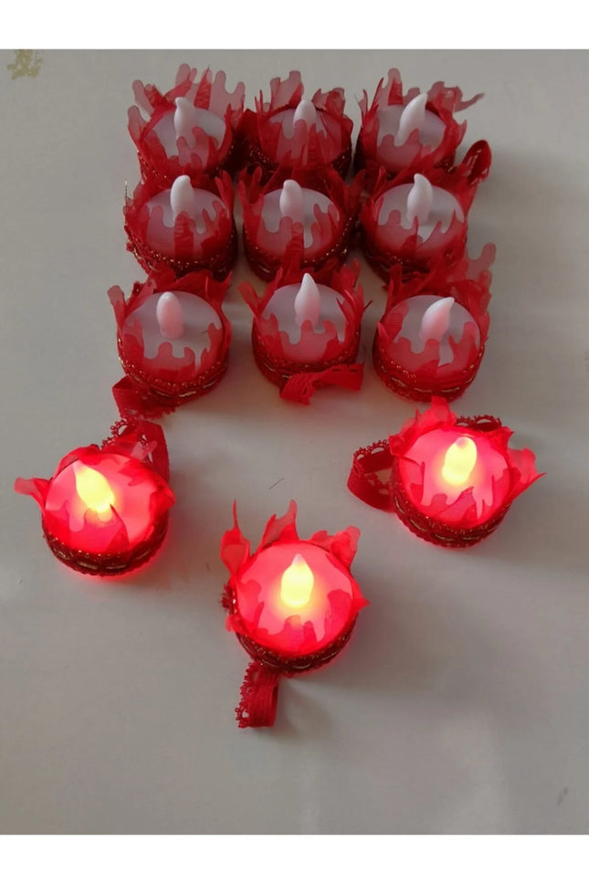 Red Henna Hand Candle 9-Piece Set – LED Lit, Tulle, Battery-Operated Decorative Candles