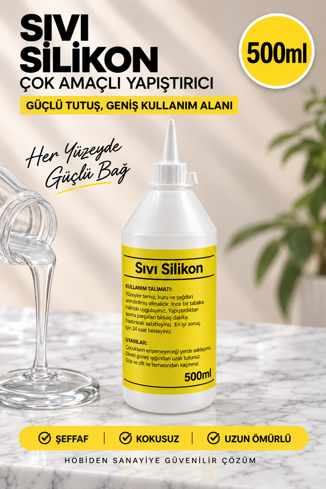 Sıvı Silikon 500 ml Şeffaf Çok Amaçlı Yapıştırıcı – Hobi, El İşi, Takı, Boncuk ve Dekoratif Süsleme Tutkalı
