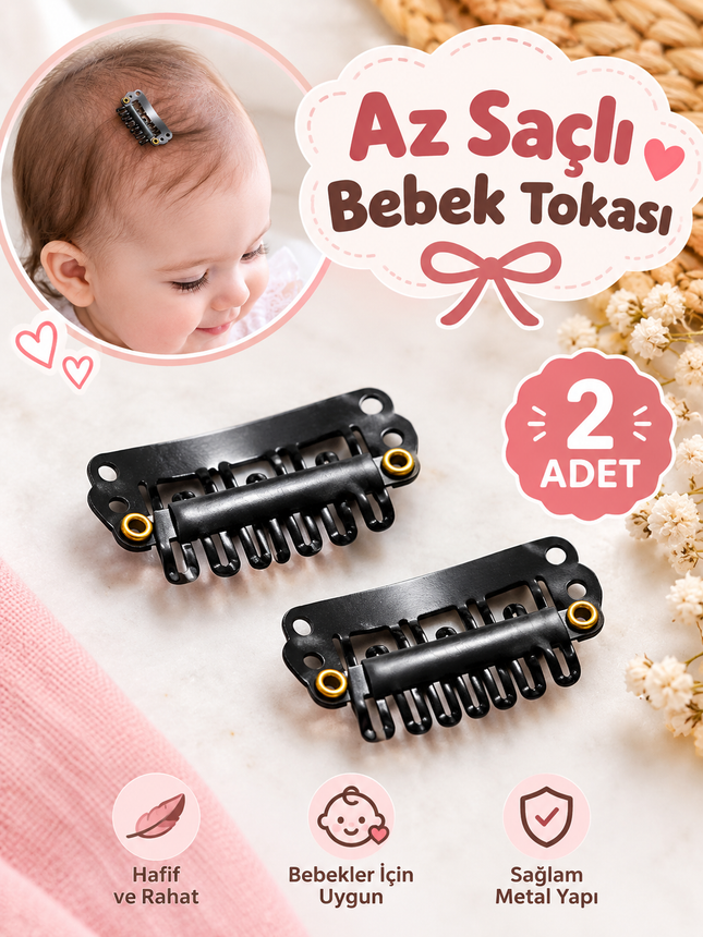 Az Saçlı Bebek Tokası Siyah Metal Çıtçıt Klips Toka – Bebek Saç Aksesuarı