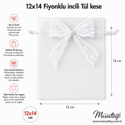 Tül Kese 12x14 cm 15 adet Fiyonklu İncili Nikah Şekeri Takı Lavanta Hediyelik Kese