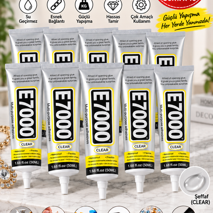 E7000 Şeffaf Çok Amaçlı Yapıştırıcı 50 ML | Taş, Takı, Cam, Metal, Plastik, Kumaş ve Deri İçin Güçlü Tutkal