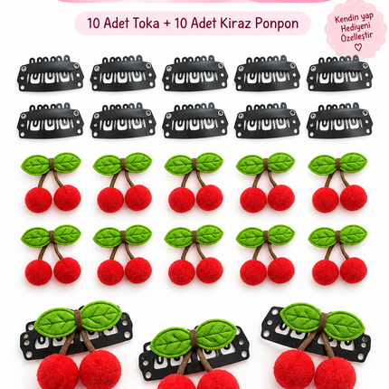 Saçsız Bebek Tokası Yapım Kiti 10 Adet Toka + 10 Adet Kiraz Ponpon DIY Bebek Saç Aksesuarı
