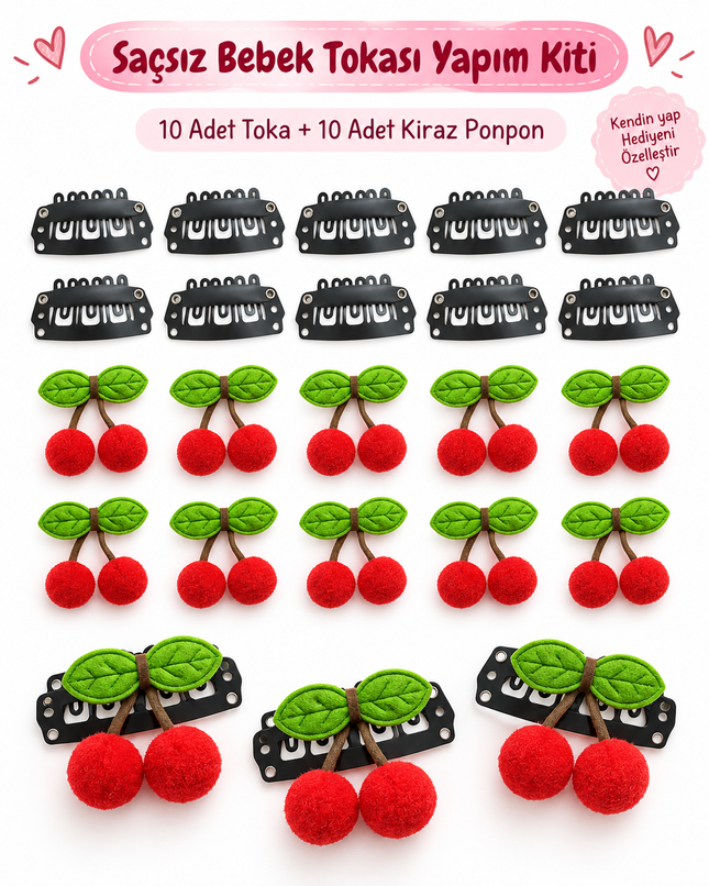 Saçsız Bebek Tokası Yapım Kiti 10 Adet Toka + 10 Adet Kiraz Ponpon DIY Bebek Saç Aksesuarı