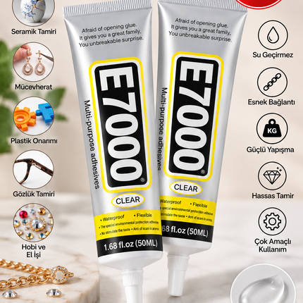 E7000 Şeffaf Çok Amaçlı Yapıştırıcı 50 ML | Taş, Takı, Cam, Metal, Plastik, Kumaş ve Deri İçin Güçlü Tutkal