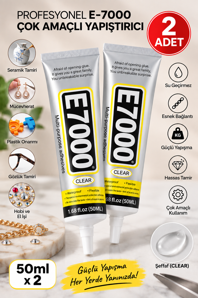 E7000 Şeffaf Çok Amaçlı Yapıştırıcı 50 ML | Taş, Takı, Cam, Metal, Plastik, Kumaş ve Deri İçin Güçlü Tutkal