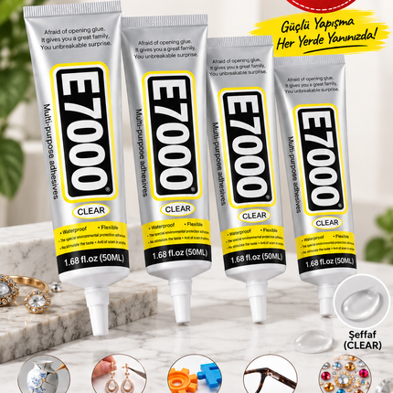 E7000 Şeffaf Çok Amaçlı Yapıştırıcı 50 ML | Taş, Takı, Cam, Metal, Plastik, Kumaş ve Deri İçin Güçlü Tutkal