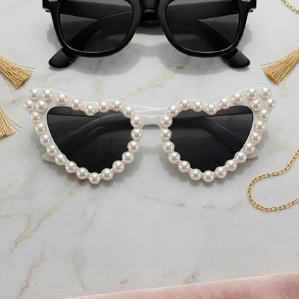 Beyaz İncili Kalpli Gelin ve Damat Gözlüğü İkili Set Bride Groom After Party Düğün Kına Bekarlığa Veda Parti Aksesuarı