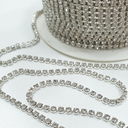 Crystal Rhinestone Chain SS12 (2.5 mm) Silver Setting – Dense Crystal Stone Strip 50 Meters