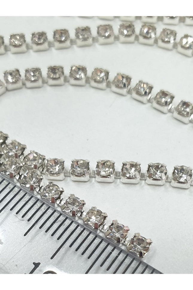 Crystal Rhinestone Chain SS12 (2.5 mm) Silver Setting – Dense Crystal Stone Strip 50 Meters
