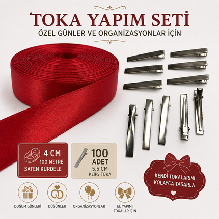 4 cm 100 Meter Satin Ribbon and 100 Pieces 5.5 cm Clip Buckle Set | Hair Clip Making Material | For Special Occasions and Events