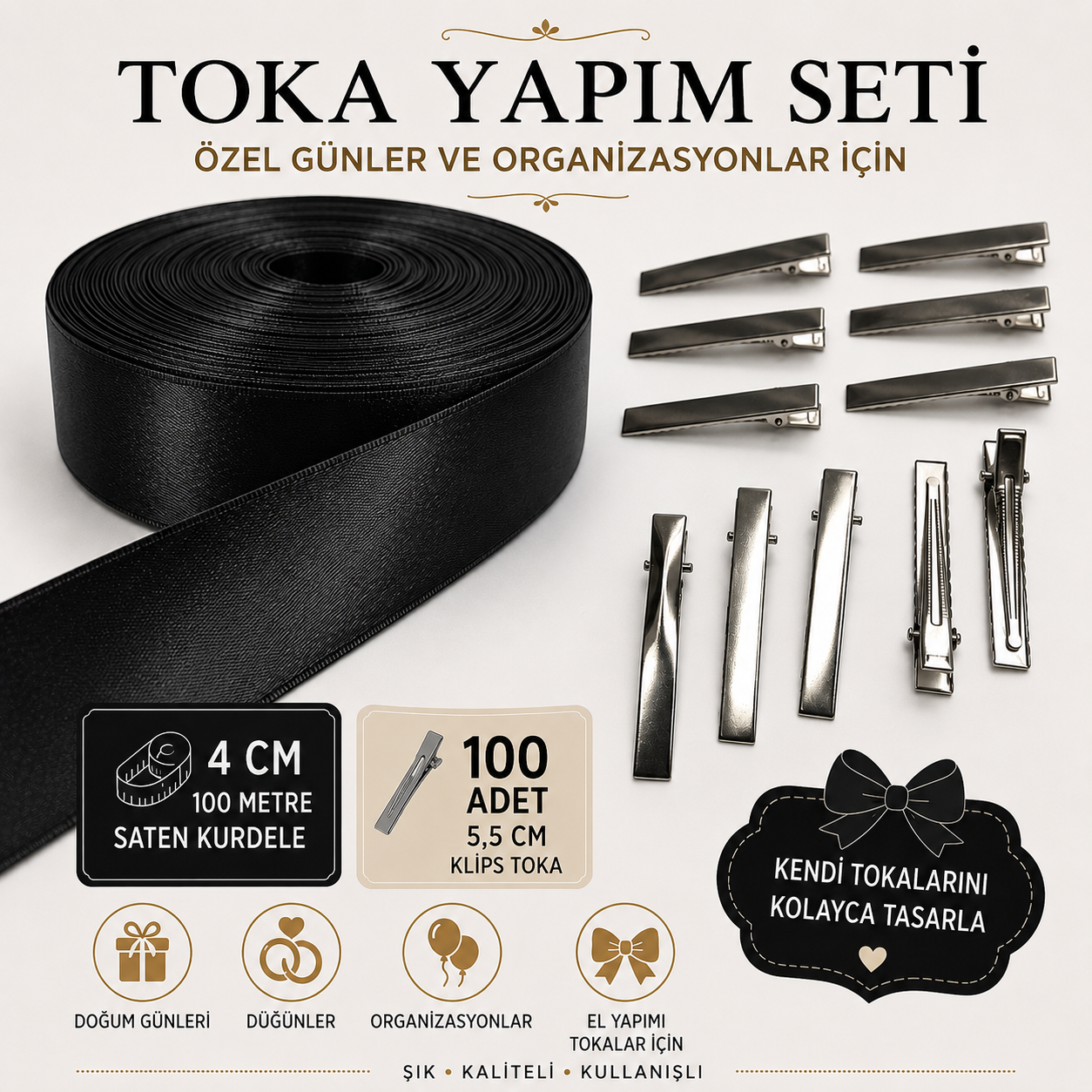 4 cm 100 Metre  Saten Kurdele ve 100 Adet 5,5 cm Klips Toka Seti | Toka Yapım Malzemesi | Özel Gün ve Organizasyonlar İçin