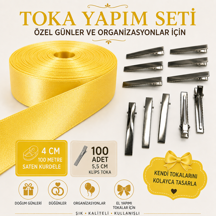 4 cm 100 Meter Satin Ribbon and 100 Pieces 5.5 cm Clip Buckle Set | Hair Clip Making Material | For Special Occasions and Events