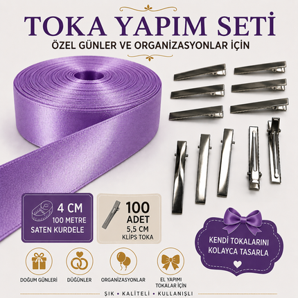 4 cm 100 Meter Satin Ribbon and 100 Pieces 5.5 cm Clip Buckle Set | Hair Clip Making Material | For Special Occasions and Events