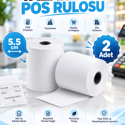 Yazarkasa POS Rulosu 5,5 cm 2 Adet - Termal Fiş Kağıdı ve Kasa Rulosu