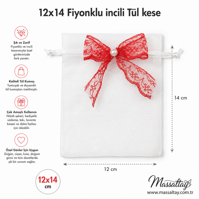 Tül Kese 12x14 cm 15 adet Fiyonklu İncili Nikah Şekeri Takı Lavanta Hediyelik Kese
