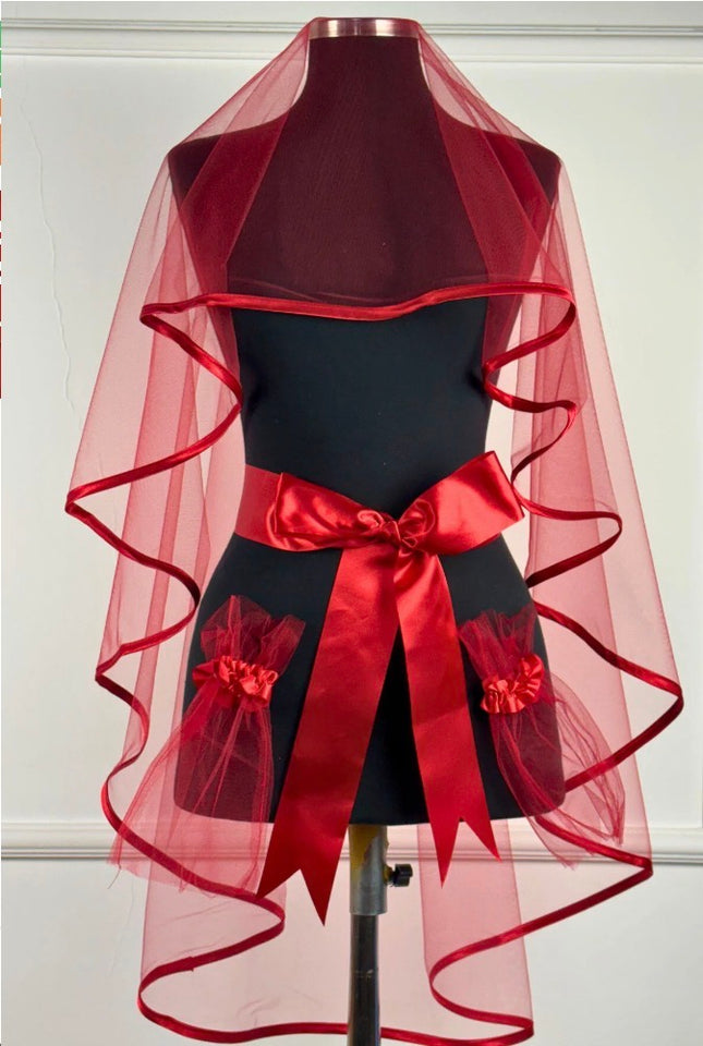 Red Satin Piped Henna Veil and Waist Belt Set