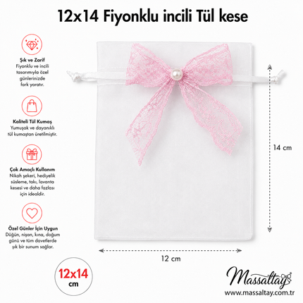 Tül Kese 12x14 cm 15 adet Fiyonklu İncili Nikah Şekeri Takı Lavanta Hediyelik Kese