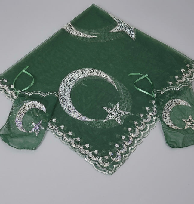 Green Crescent Star Sequin Embroidered Henna Veil and Glove Set