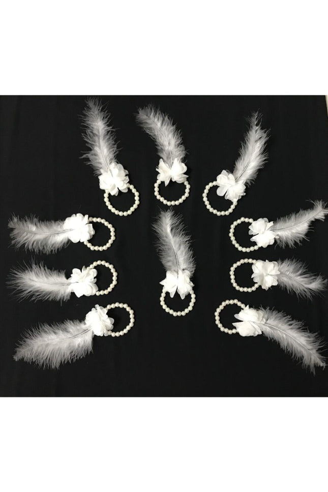 10 White Pearl Feather Bridesmaid Wristband Set | Henna Night Bride and Bridesmaid Accessory