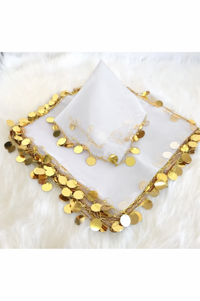 Beyaz Gold Pullu Halay Mendili – Düğün ve Etkinlik Mendili