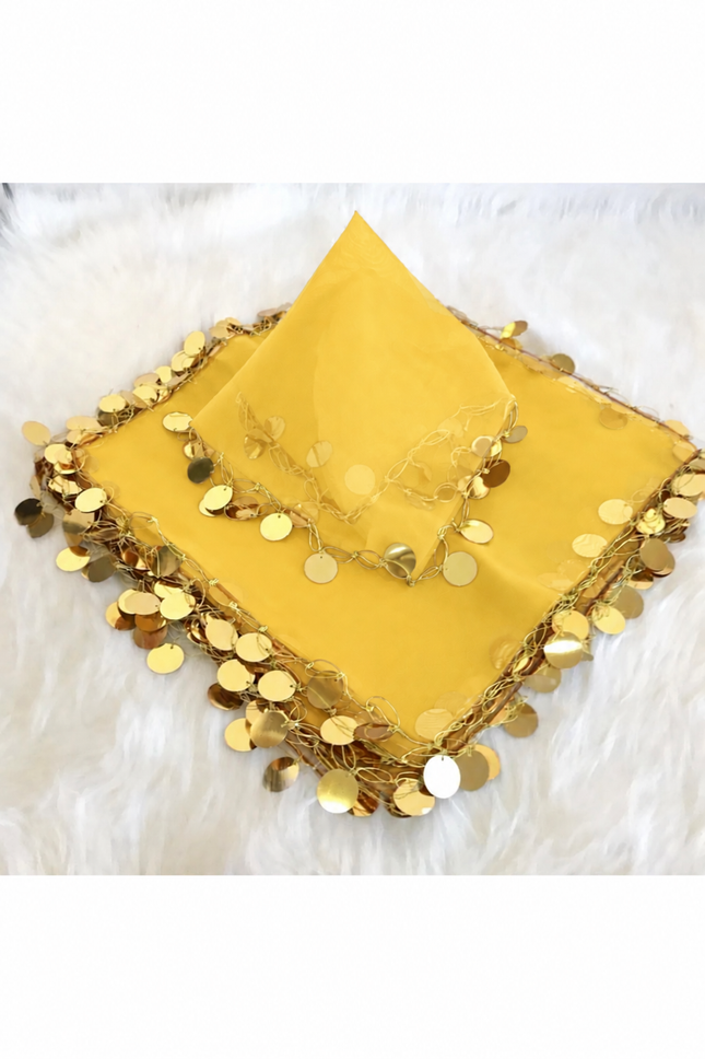 Sarı Gold Pullu Halay Mendili – Düğün ve Etkinlik Mendili