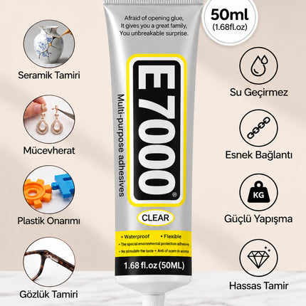 E7000 Şeffaf Çok Amaçlı Yapıştırıcı 50 ML | Taş, Takı, Cam, Metal, Plastik, Kumaş ve Deri İçin Güçlü Tutkal