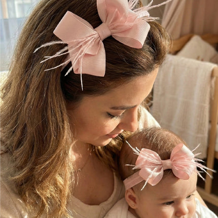 Mom's Feathered Bow Postpartum Crown and Baby Headband Set