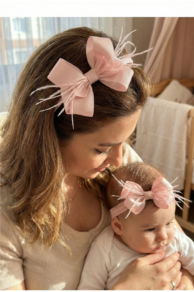 Mom's Feathered Bow Postpartum Crown and Baby Headband Set