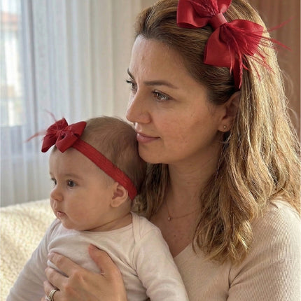 Mom's Feathered Bow Postpartum Crown and Baby Headband Set