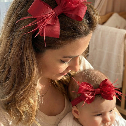 Mom's Feathered Bow Postpartum Crown and Baby Headband Set