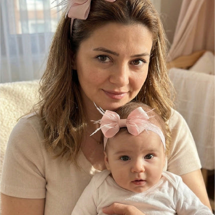 Mom's Feathered Bow Postpartum Crown and Baby Headband Set