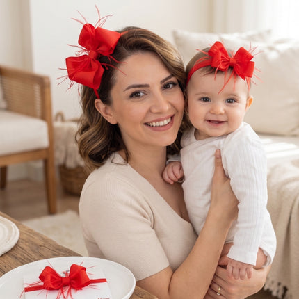 Mom's Feathered Bow Postpartum Crown and Baby Headband Set