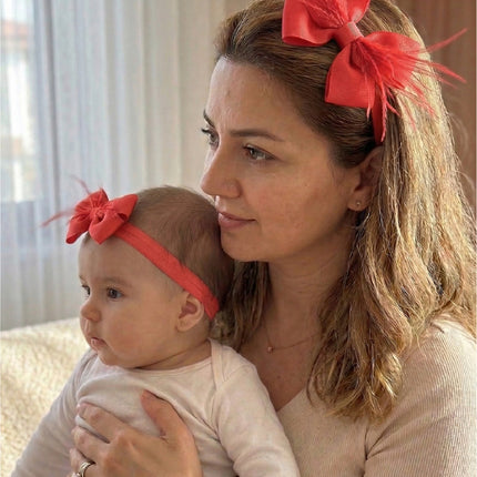 Mom's Feathered Bow Postpartum Crown and Baby Headband Set