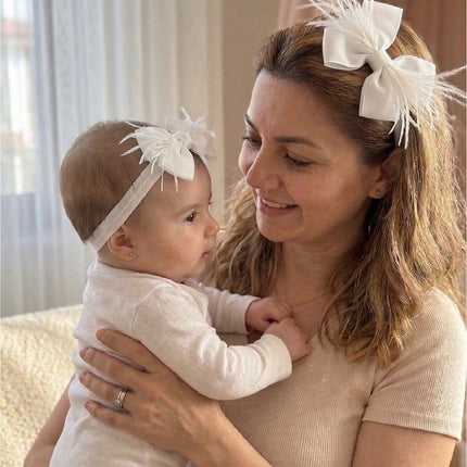 Mom's Feathered Bow Postpartum Crown and Baby Headband Set