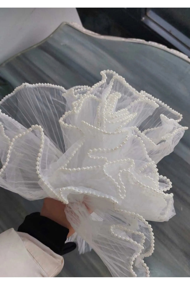 İncili Fırfır Plise Tül 40 cm | Gelin Çiçeği Sarma Tülü, Buket Süsleme ve Nikah Dekoru