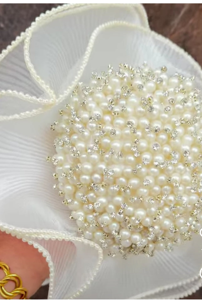 İncili Fırfır Plise Tül 40 cm | Gelin Çiçeği Sarma Tülü, Buket Süsleme ve Nikah Dekoru