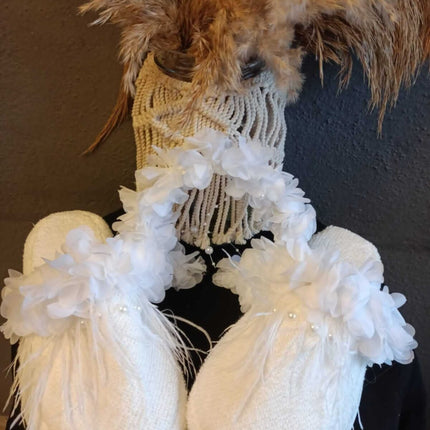White Floral Feathered Beaded Maternity Crown Slipper Set - Stylish and Elegant Maternity Set