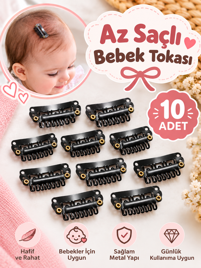 Az Saçlı Bebek Tokası Siyah Metal Çıtçıt Klips Toka – Bebek Saç Aksesuarı