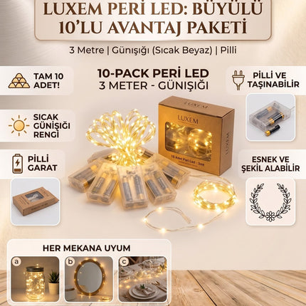 Peri LED Işık 3 Metre Gün Işığı 10'lu Dekoratif LED Tel Işık Parti, Düğün, Kına, Nikah, Oda ve Masa Süsleme