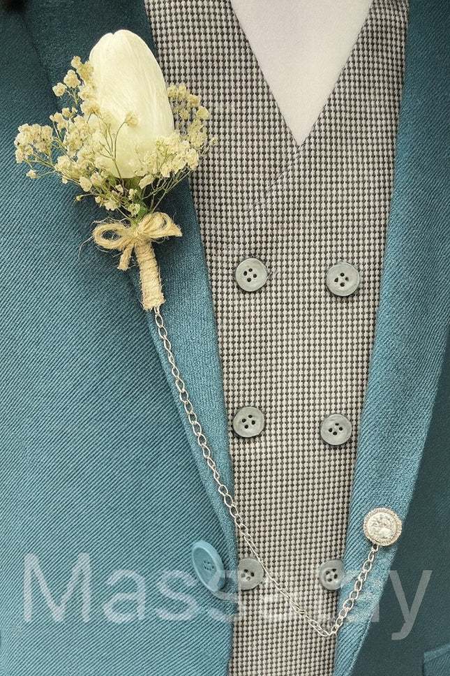 Şık Gelin Damat Düğün Çiçekli Yaka Çiçeği Boutonniere – Beyaz Lale ve Cipso Detaylı