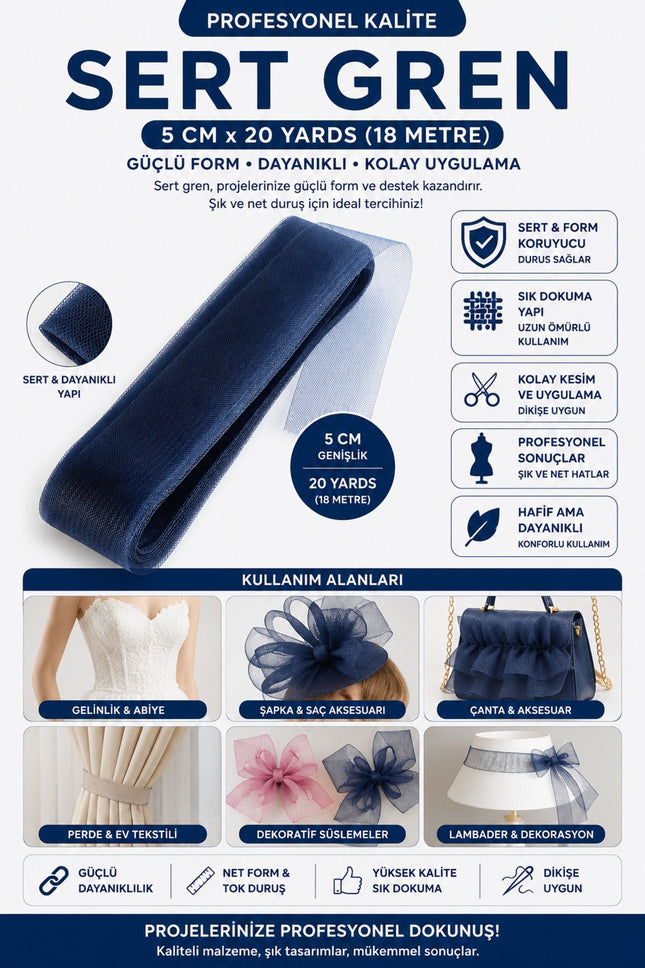 Sert Gren 5 cm – 20 Yards (18 Metre) – Dikim Süsleme Greni – Gelinlik Abiye Şapka Çanta Dekorasyon