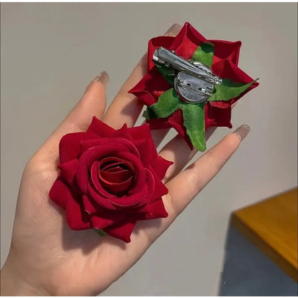2 adet Vintage Kırmızı Kadife 3D Gül Çiçeği Çift  Broş ve Saç Tokası