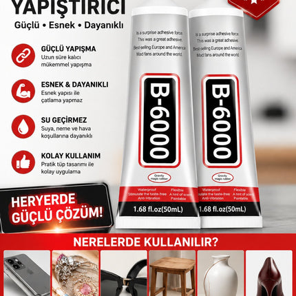 B-6000 Yapıştırıcı 50 ML 2 Adet – Takı, Telefon, Cam, Seramik, Ahşap ve Ayakkabı İçin Güçlü Yapıştırıcı