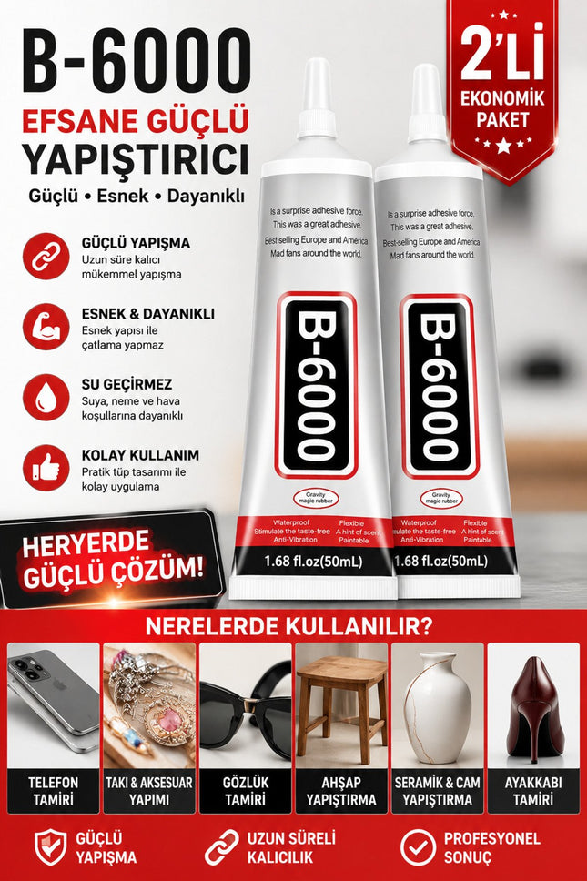 B-6000 Yapıştırıcı 50 ML 2 Adet – Takı, Telefon, Cam, Seramik, Ahşap ve Ayakkabı İçin Güçlü Yapıştırıcı
