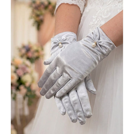 Saten İncili Kısa Gelin Eldiveni Beyaz Düğün Nikah Nişan Parti Balo Kostüm Eldiveni