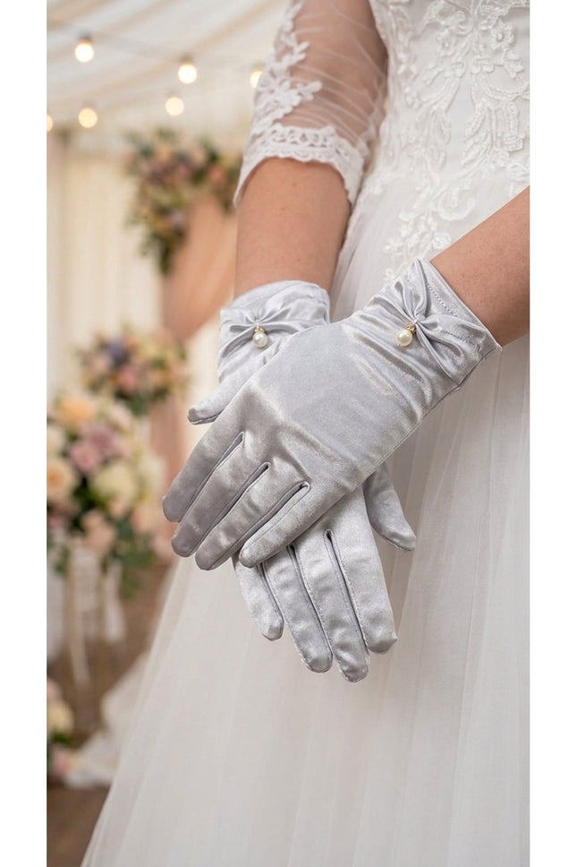 Saten İncili Kısa Gelin Eldiveni Beyaz Düğün Nikah Nişan Parti Balo Kostüm Eldiveni