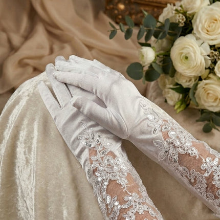 Asel Dantel Detaylı Baskılı Saten Gelin Eldiveni Beyaz Uzun Nikah Düğün Nişan Eldiveni