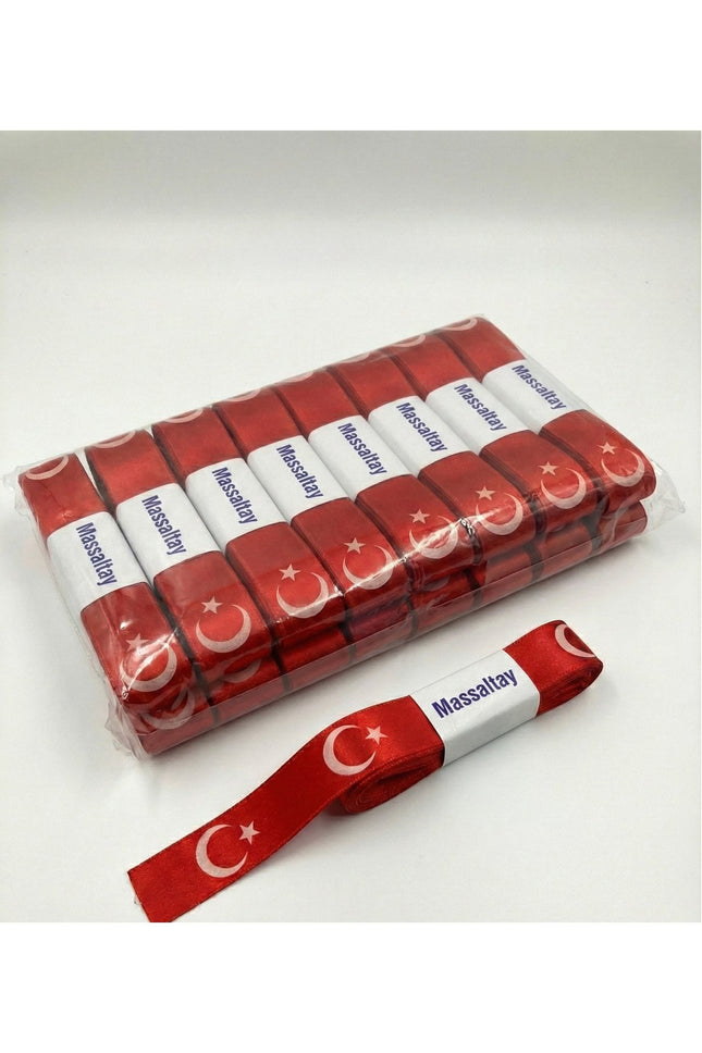 Türk Bayrağı Ayyıldız Desenli Saten Kurdele 10 Metre 3Cm - Kırmızı Beyaz 23 Nisan Okul Sınıf